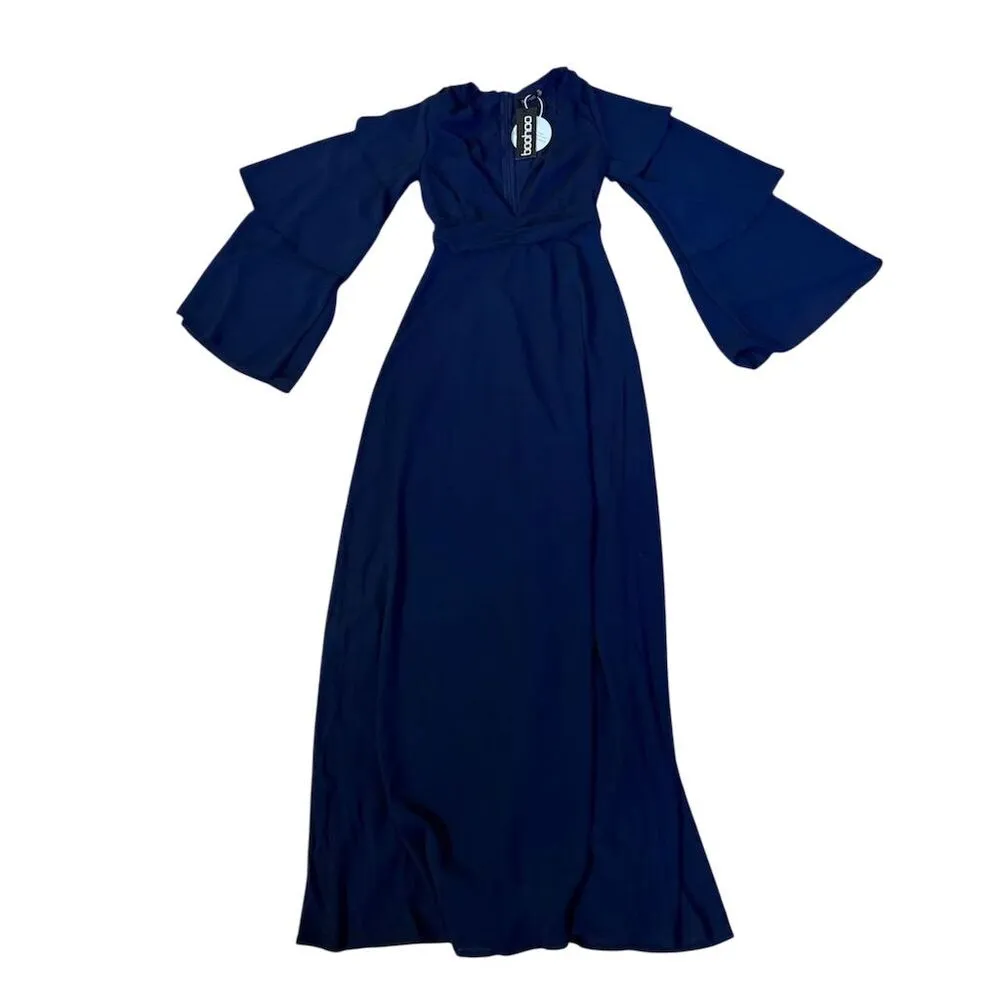 Boohoo Tall Women's Maxi Dress Size 4 Navy Blue Tiered Sleeve Formal - Image 4