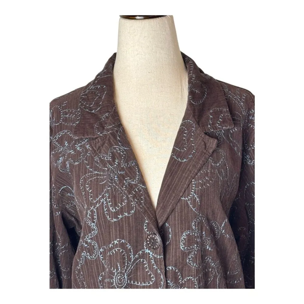 Flax Blazer Women‎ Small Brown Blue Floral Embroidery Corduroy Chore Coat - Image 3