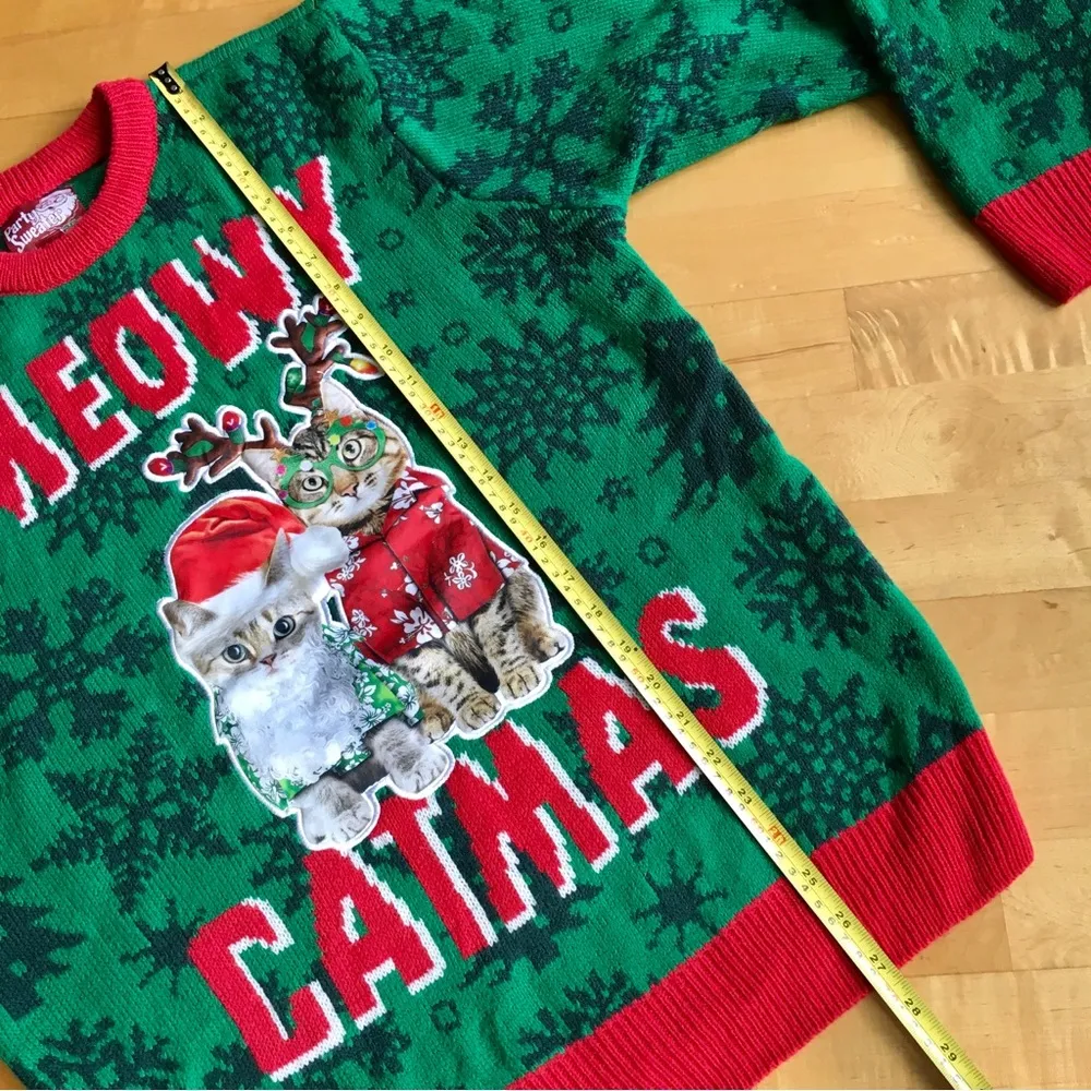 Party Sweater “MEOWY CATMAS” Ugly Holiday Sweater, Green, Red, Size L Green Size L - Image 10