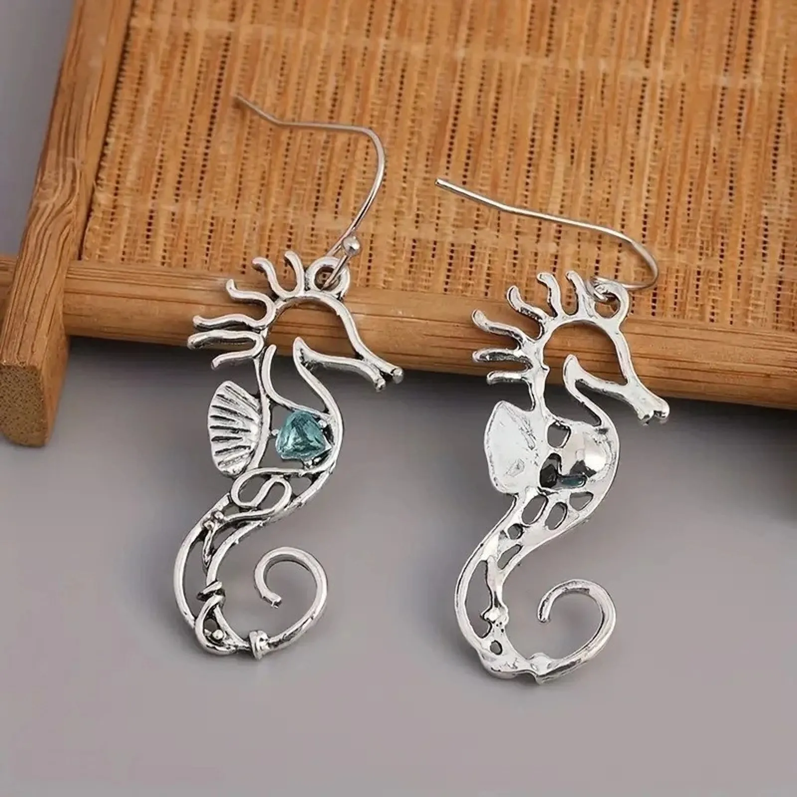 Gothic Victorian Lolita Mermaidcore Blue Crystal Sea Horse Earrings Silver - Image 3