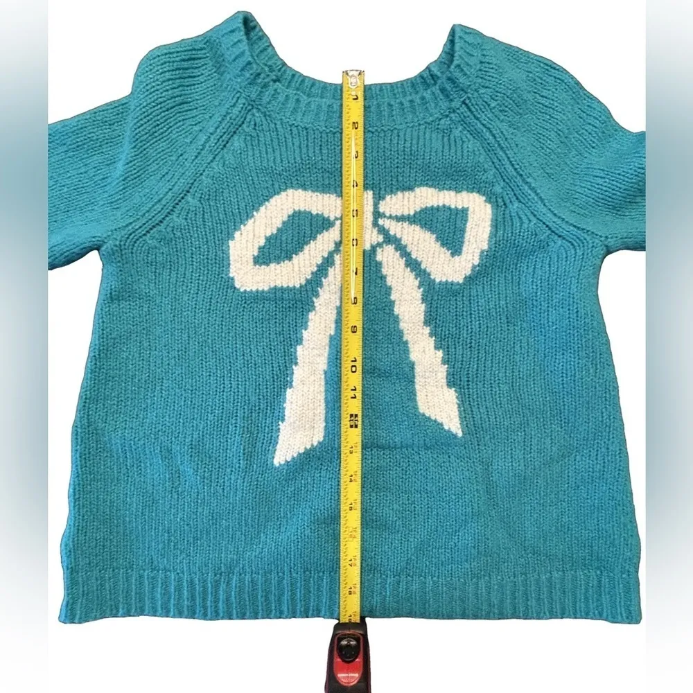 Anne Taylor preppy coquette bow teal sweater with 3/4 sleeves cotton wool blend - Image 7