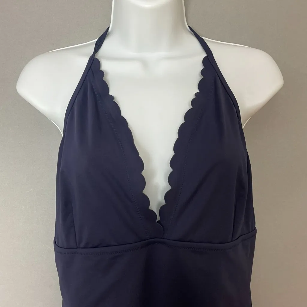 J. Crew Swimsuit One Piece Scalloped Neckline Deep V-Neck Size 10 Navy Blue‎ - Image 6