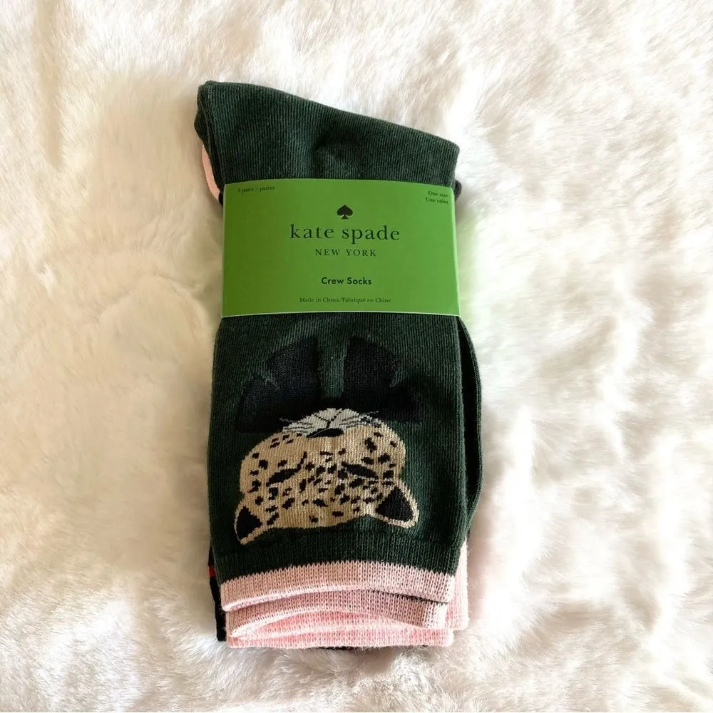 Kate Spade 3 Pack Crew Socks Green Leopard Black Rose NWT - Image 2