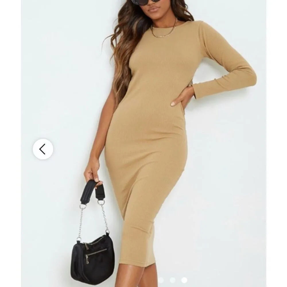 Pretty Little Thing  NWT tan size 14 dress one sleeve cut outs - Image 3