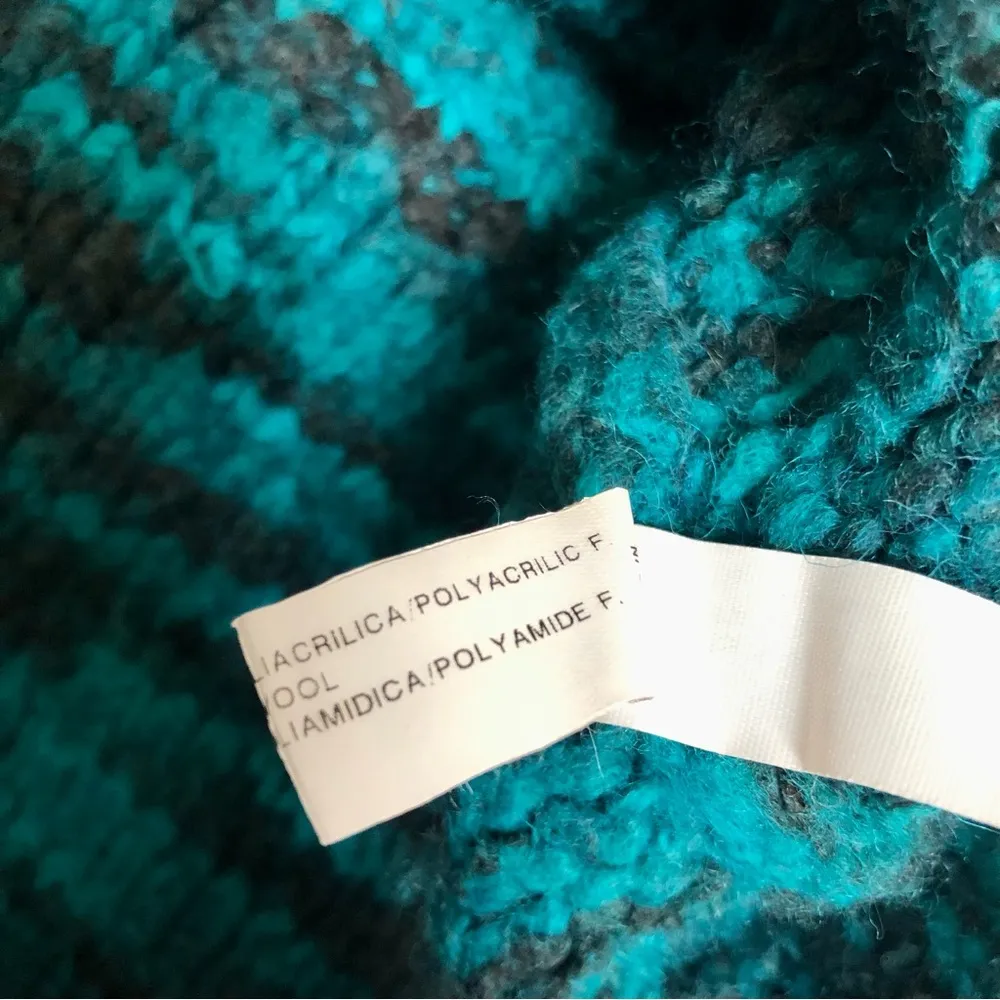 Chunky Open Cable Knit Crochet Sweater Teal Turquoise & Black Woven M - Image 14