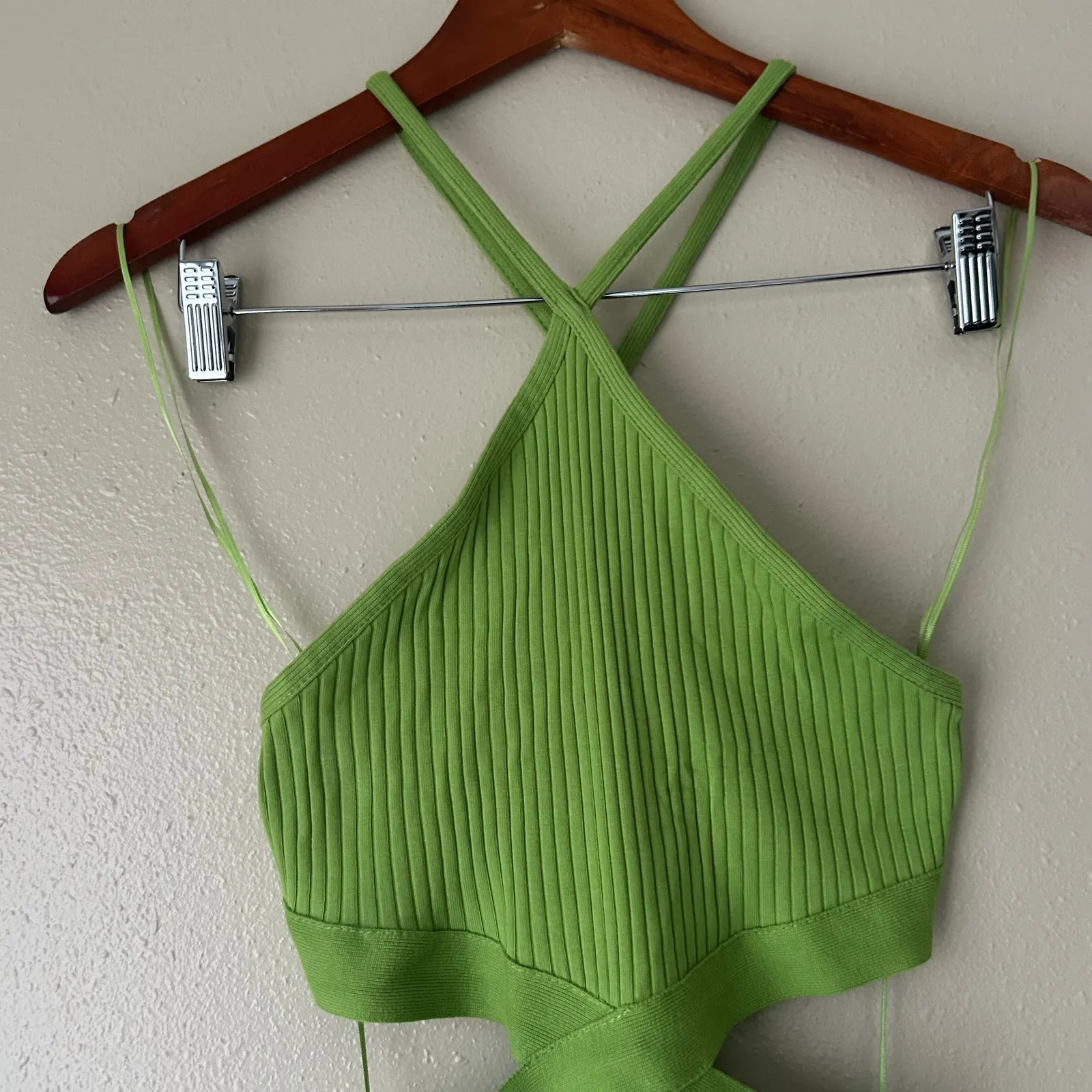 Zara Green Ribbed Cutout Halter Neck Bodysuit Size Small - Image 3