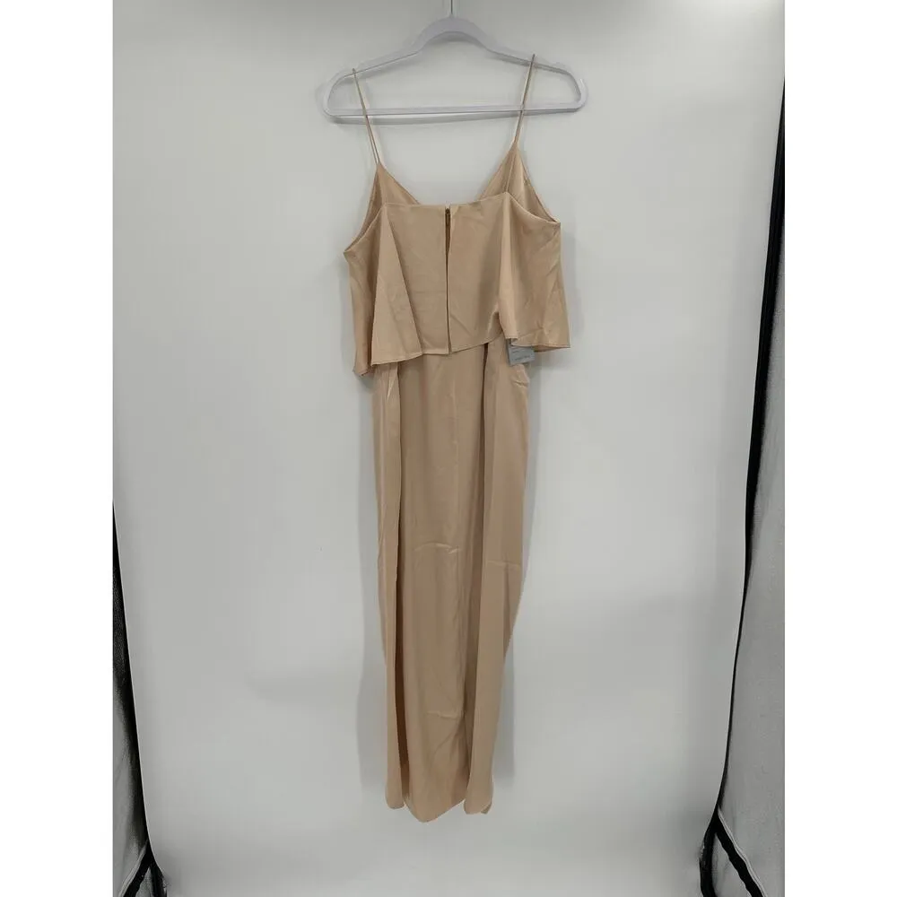 Shona Joy Luxe Cocktail Frill Tulip Hem V-Neck Satin Champagne Dress Size 8 NWT - Image 4