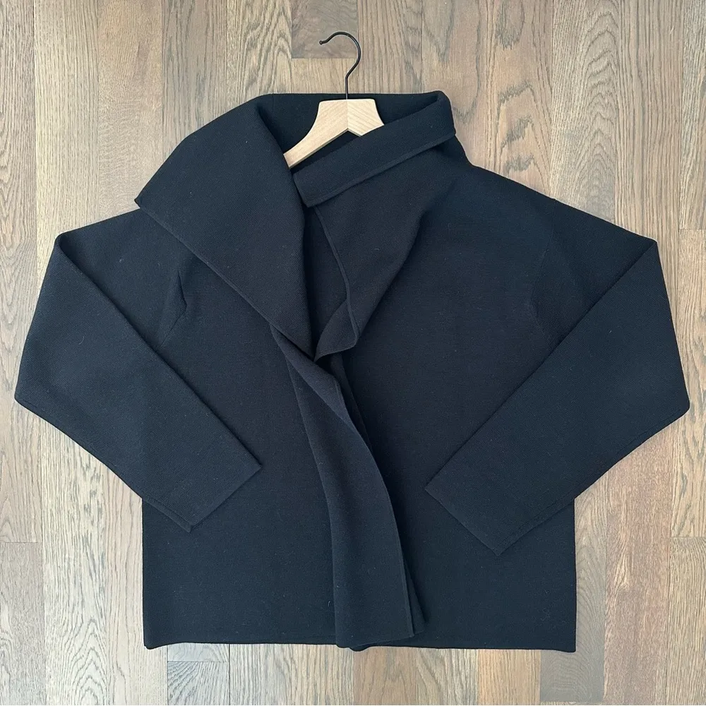 Eileen Fisher 100% Wool Draped Collar Open Front Cardigan Sweater Black Large - Image 4