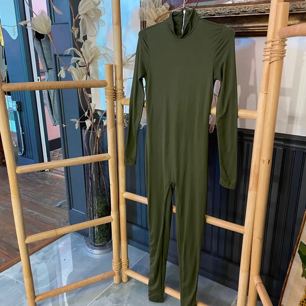 BumpSuit Gigi Jumpsuit Long Sleeve Mock Neck Olive Green Maternity - Image 6