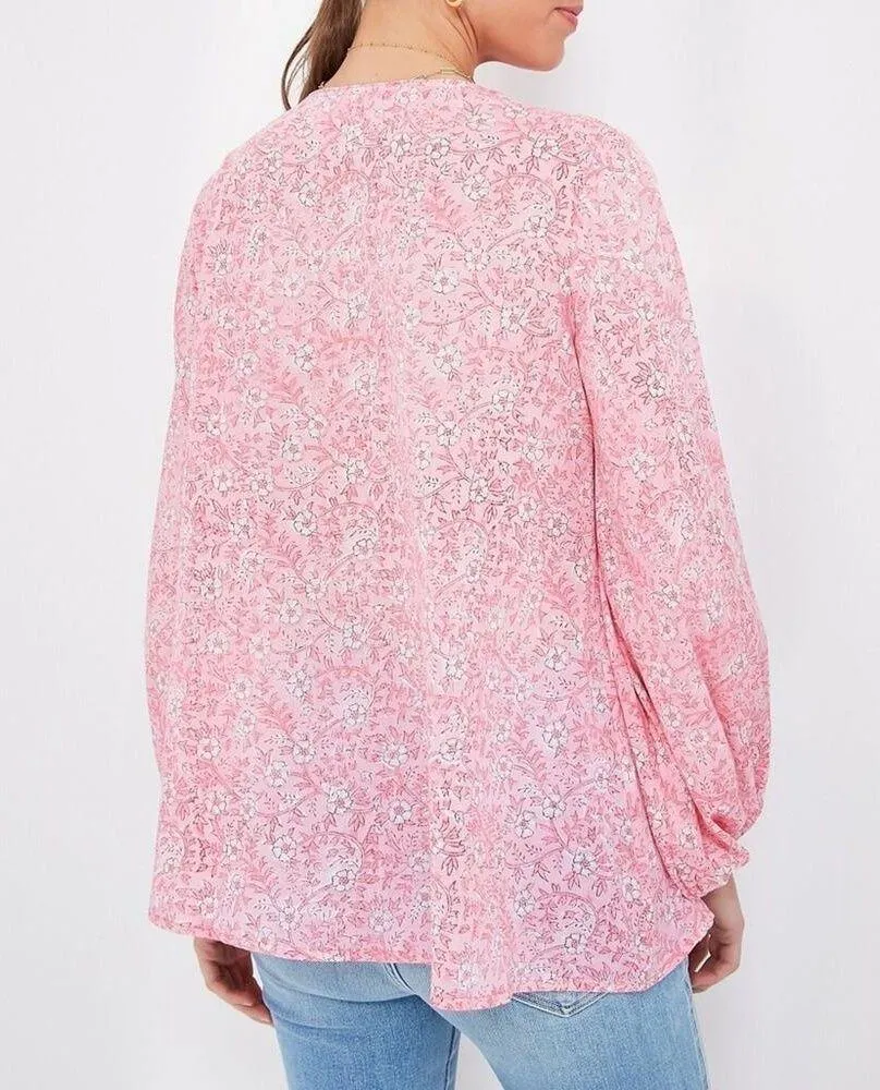 India Collection by Emerson Fry Crocus Bardot Pink Floral Balloon Sleeve Top S - Image 3