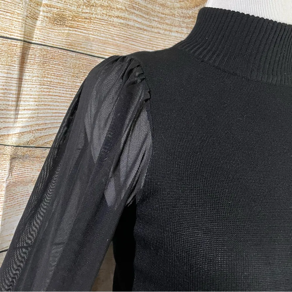 ribbed mock-neck long mesh sleeves black sweater top size Small - Image 8