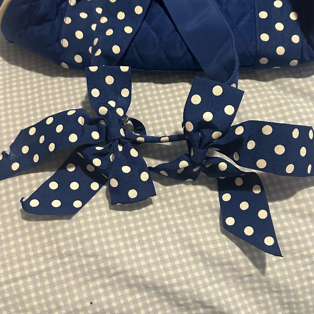 Blue Quilted Duffle Bag with Polka Dot Bows - Image 6