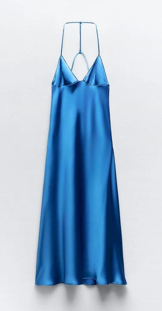 ZARA  maxi long satin slip blue strappy royal bodycon gown dress evening wedding - Image 10