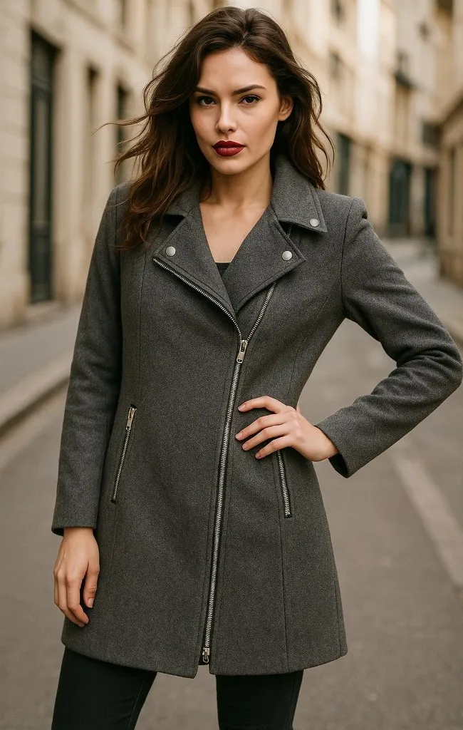 Miss London Size Large Grey Wool-Blend Coat Zipper Snap Details - Image 1