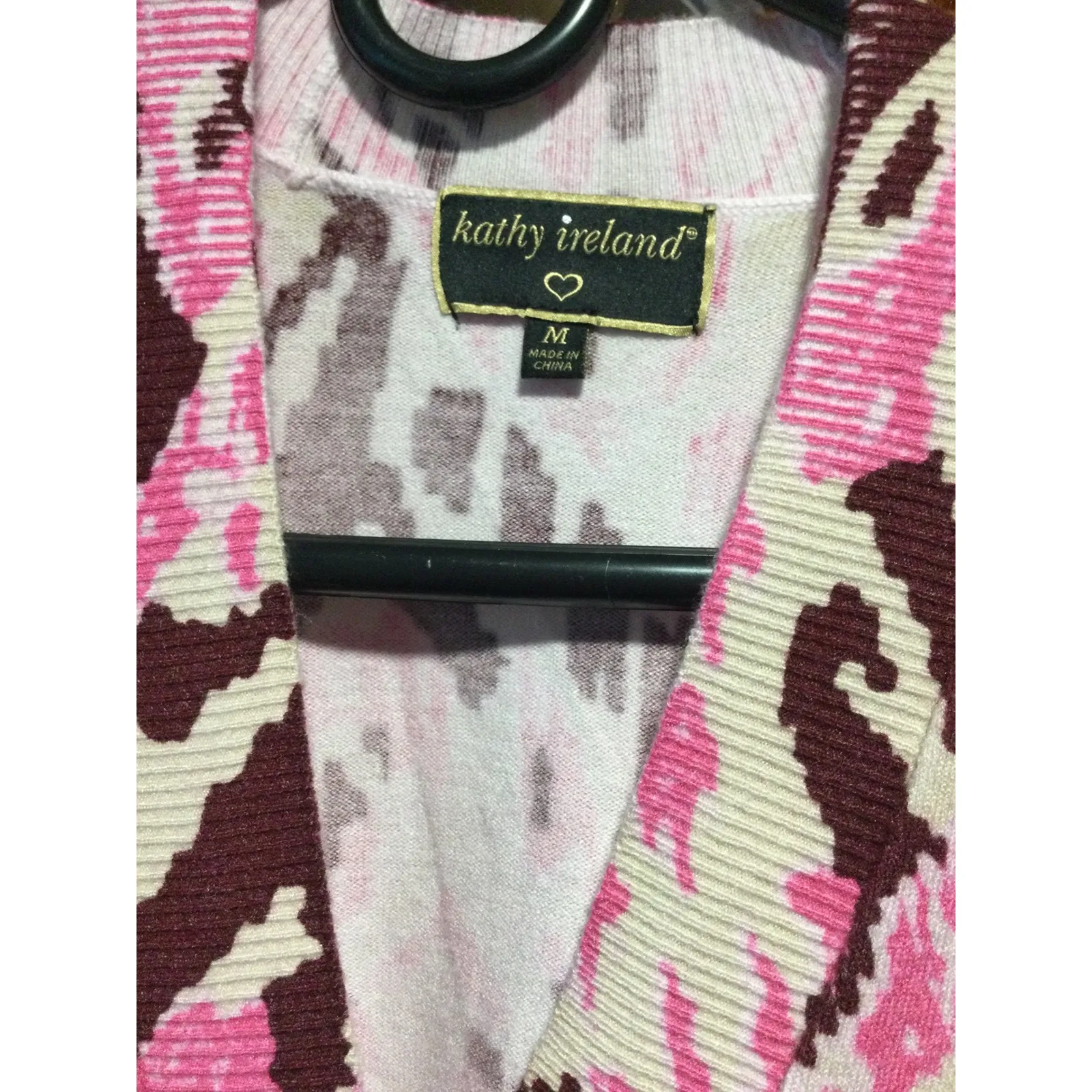 Kathy‎ Ireland Pink Brown Abstract Knit Cardigan Sweater Pockets Medium - Image 3