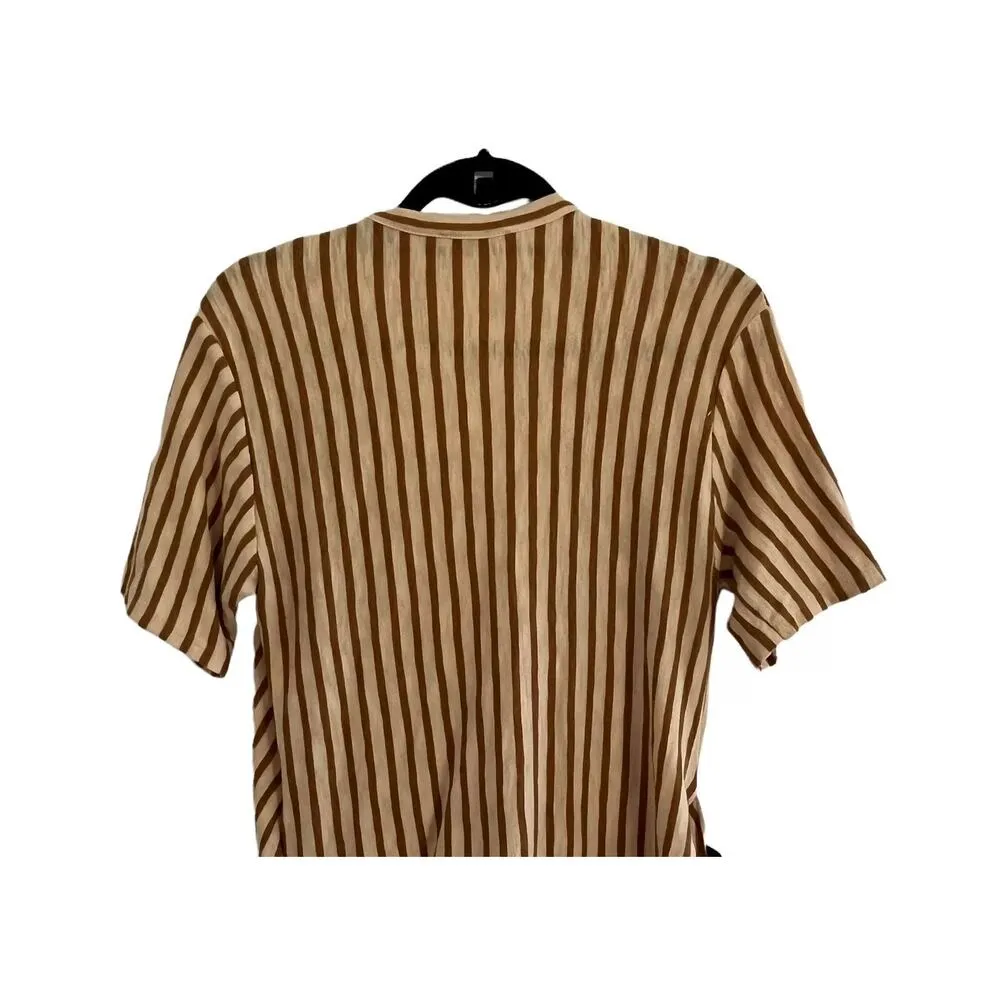 NWT Zara TRF Cotton Belted V Neck Striped Wrap Shirt Short Sleeves L Beige #3043 - Image 5