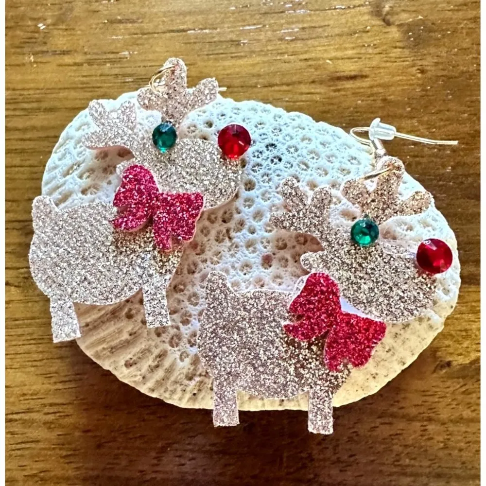 Rudolph Reindeer Earrings Handmade Christmas Whimsical Hooks Glitter Acc… - Image 10