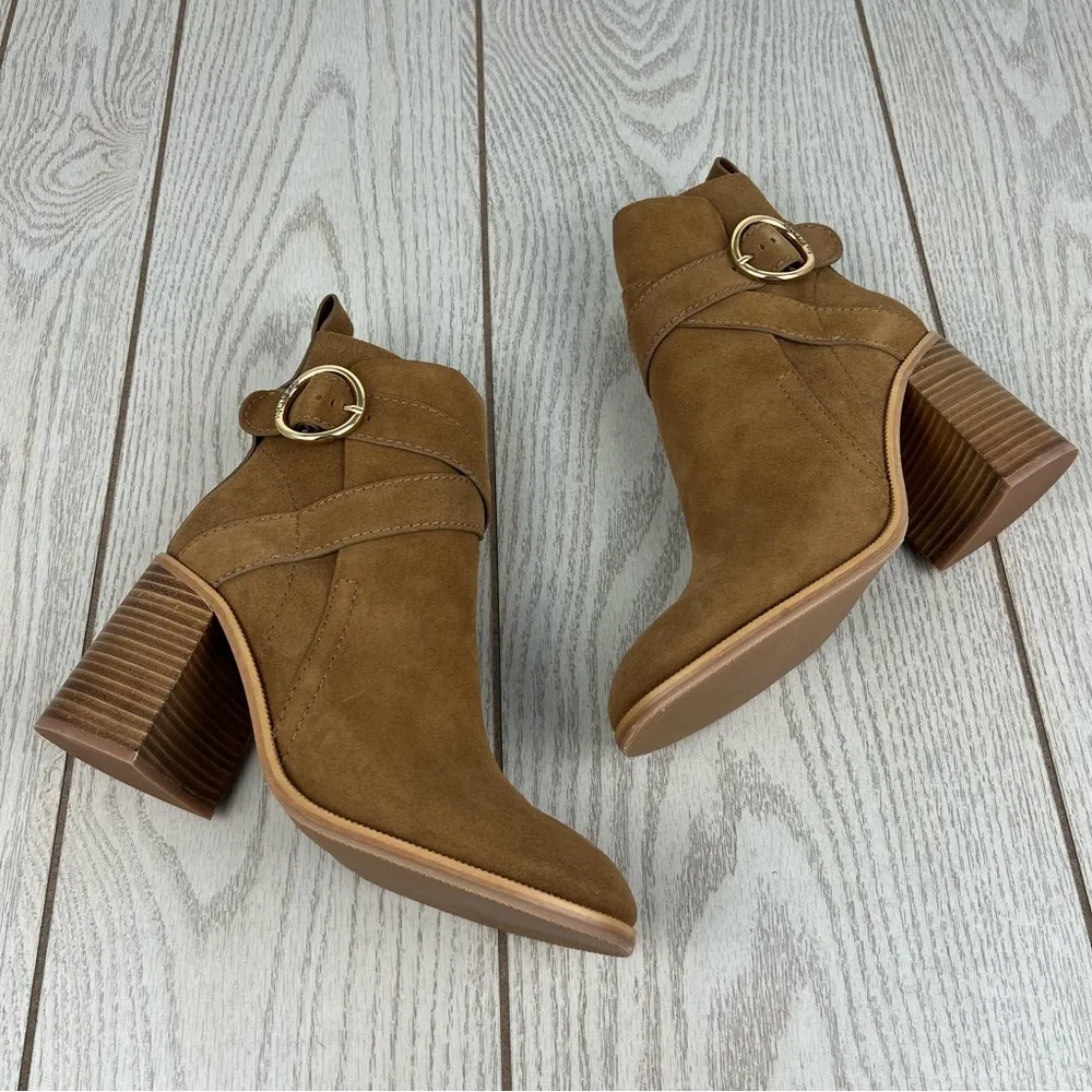 See by Chloé Suede Buckle Ankle Booties 37.5 Tobacco (Tan) & Goldtone Metal $525 - Image 4