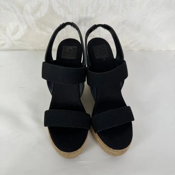 Tory Burch‎ Black 2 Band Canvas Wedge Sandals Size 7 - Image 6