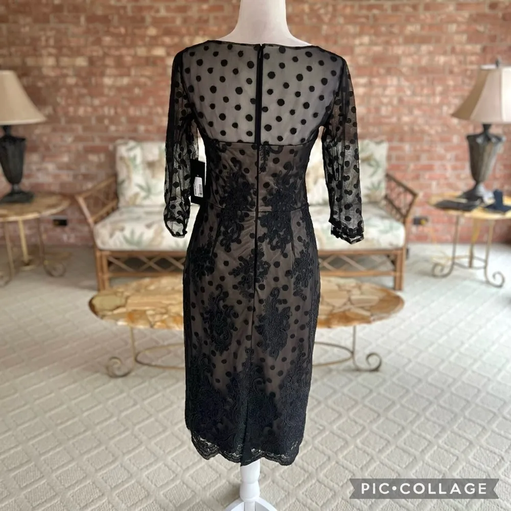 David Meister Dress Black Sheath Knee Length Embroidered Ilusion NWT 2 Cocktail - Image 9