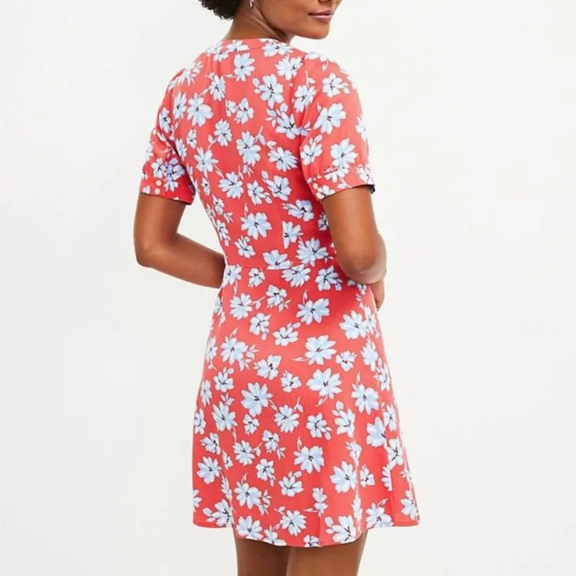 LOFT Floral Flare Retro Shirt Dress Coral Red Blue White Size 14P | 14 Petite - Image 4