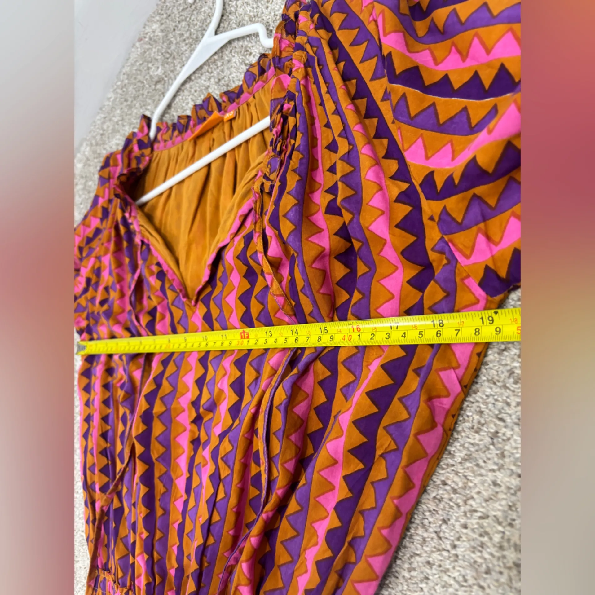 Oliphant Boho Peasant Mini Dress Ruffle Neck Smocked Pink Geometric Tassel XS Purple - Image 5