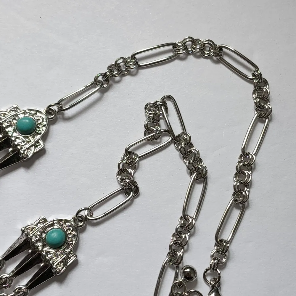 Western Boho Silver Turquoise Crackle Stone Necklace Earrings Set Blue - Image 6