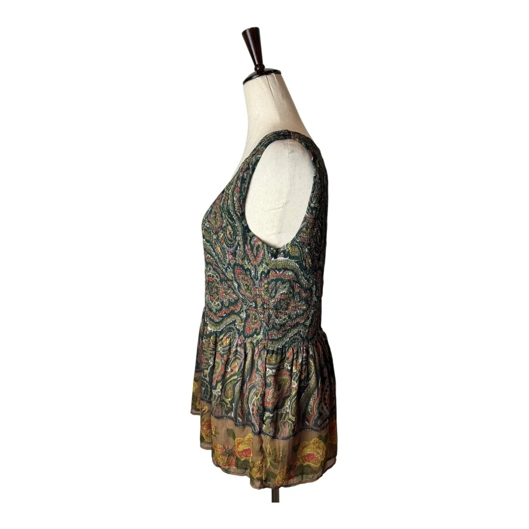 Free People Shirt Women Medium‎ Tan Green Floral Peplum Hem Top Cottage Bohemian - Image 7