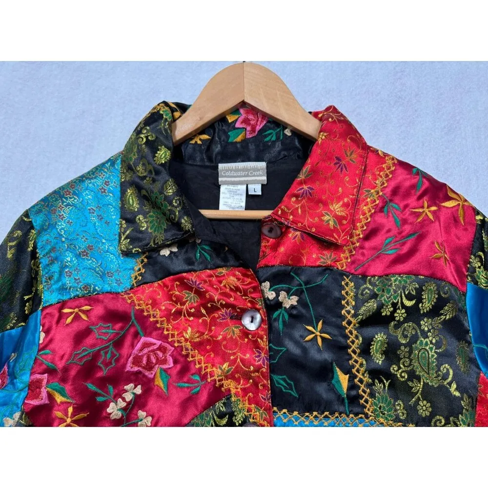 Coldwater Creek Satin Patchwork Jacket Asian Floral Art to Wear Top Womens L Vtg - Image 3
