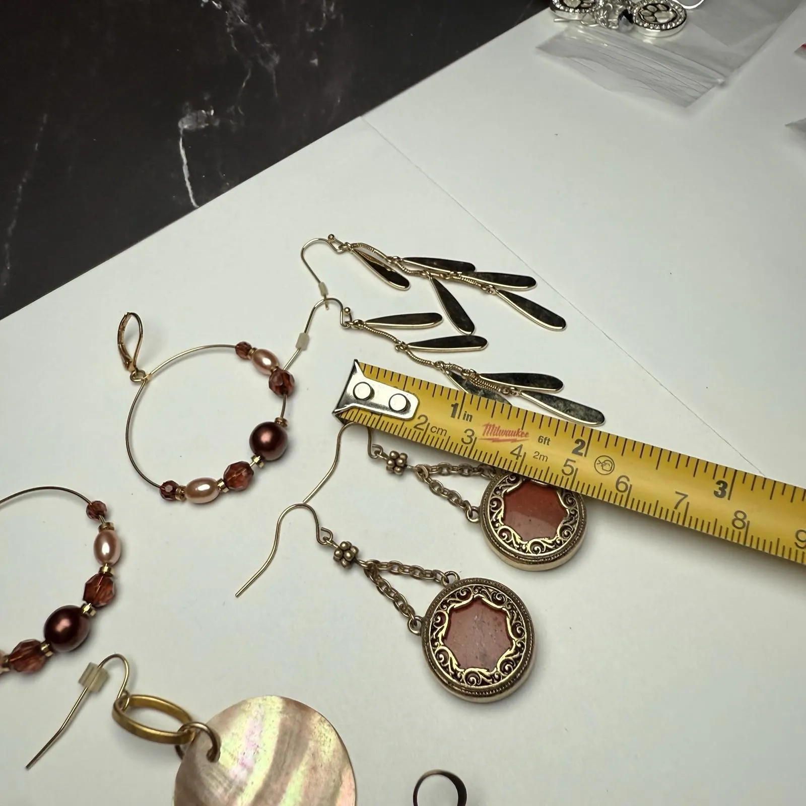 Dangle Drop Pierced Earrings Lot Of 4 Gold Tone n Beaded Bead, Shell, Metal Etc - Image 4