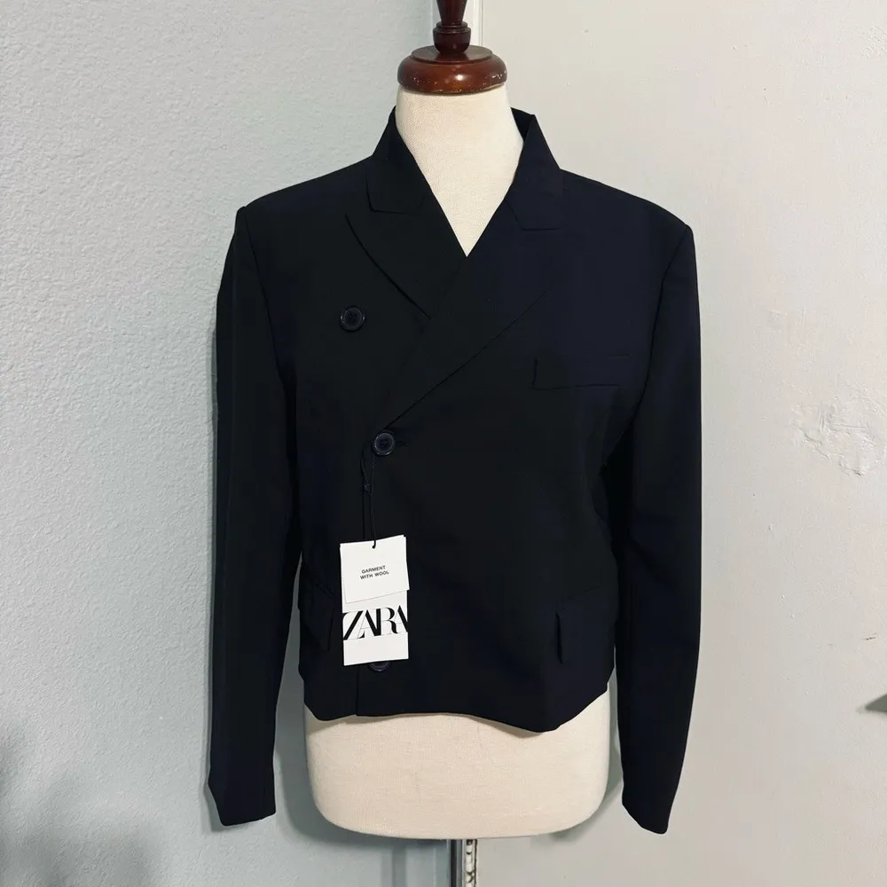 Zara Bloggers Favorite Black Double Breasted Cropped Wool Blend Blazer Sz‎ M - Image 8