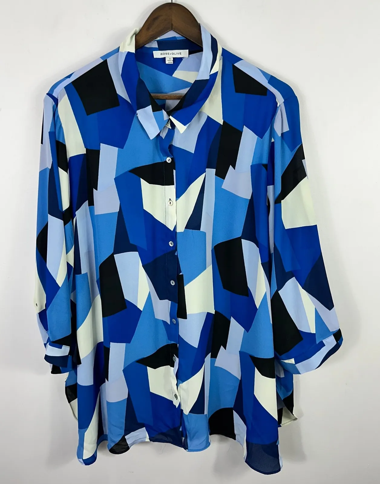 Rose Olive Shirt 3X Blue Geometric Print Button Up Statement Art To Wear Modern - Image 1
