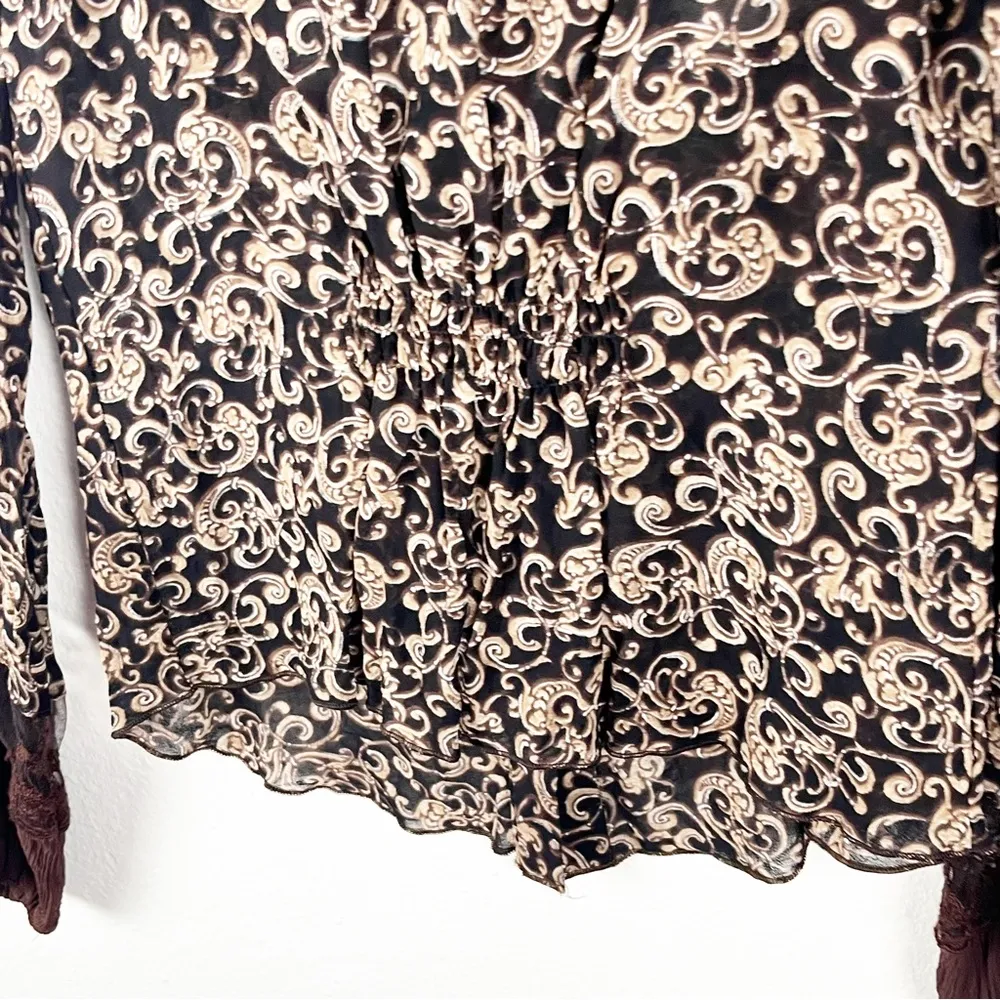 SANDRO Baroque Brown Paisley Print Sheer Lace Trim Bohemian Blouse, Size Small - Image 7