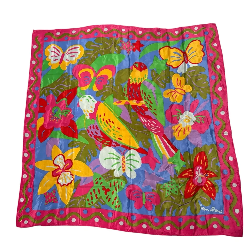 Ken Done Silk Scarf with Tropical Design Pink - Image 8