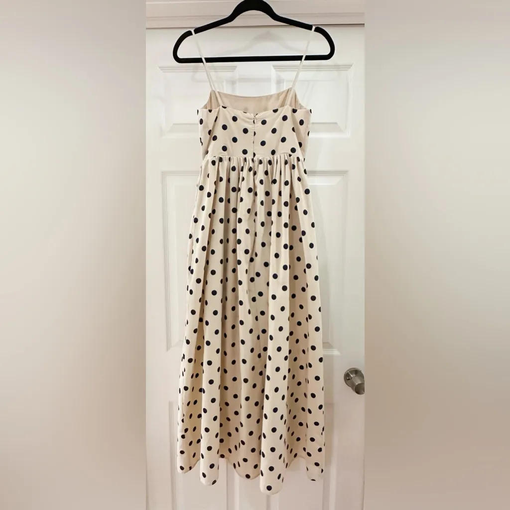 NEW Talulah Cannes Polka Dot Maxi Dress Tan Navy Blue Poplin sz Small - Image 5