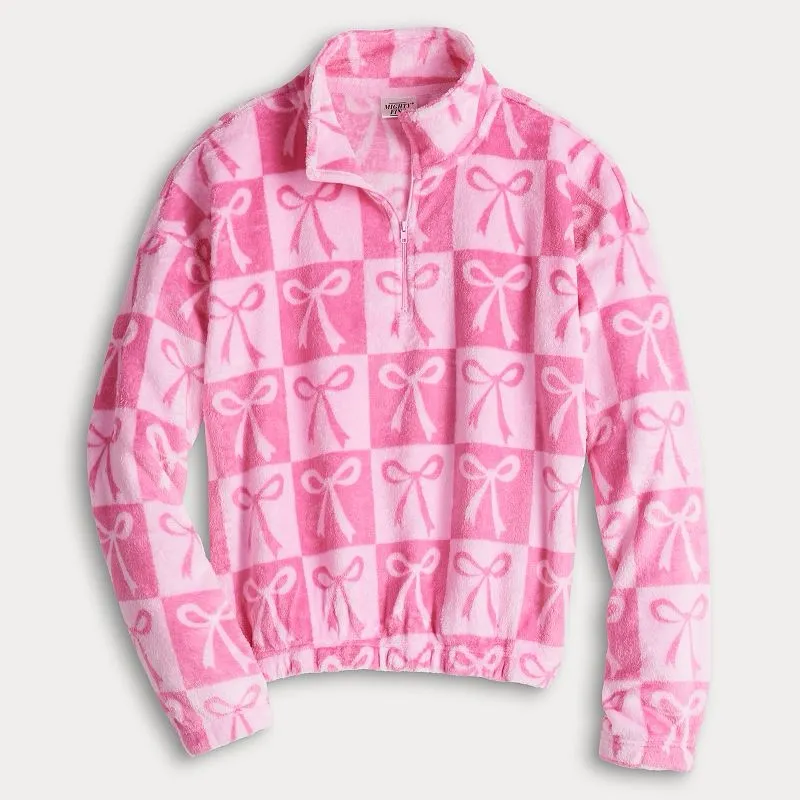 Mighty Fine Pink Bows Checkered Quarter Zip Teddy Pullover Jacket - Image 10