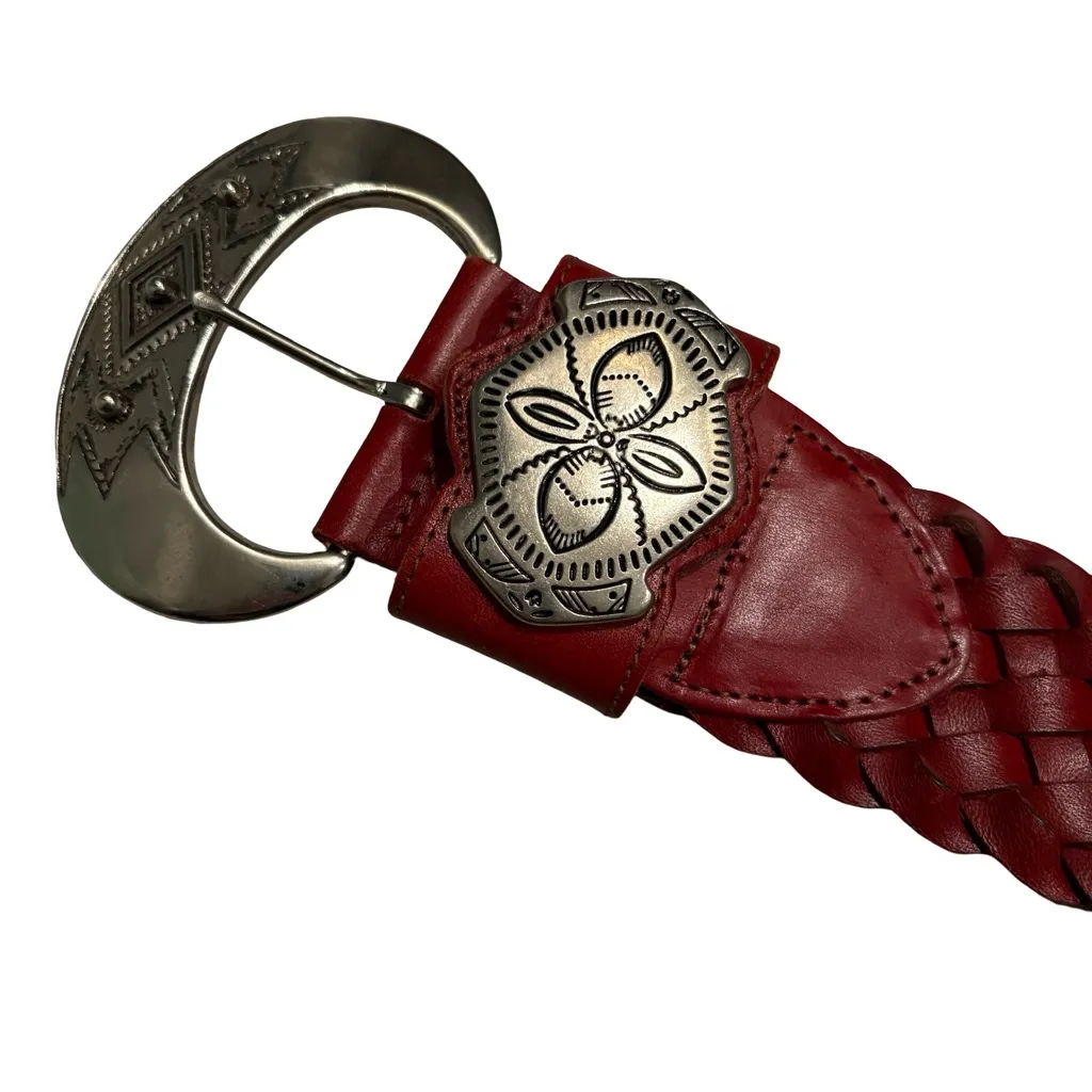 Vintage Braided Southwestern Wide Leather Belt with Silver Buckle, Sz M Red - Image 12