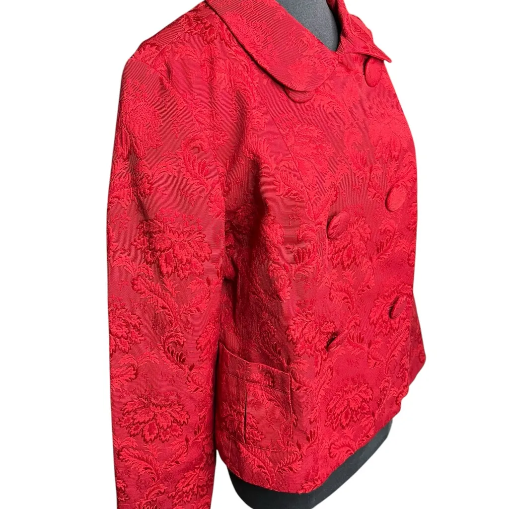 Talbots Jacket Pea Coat Large Red Floral Brocade Double Breasted  Fully Lined - Image 3