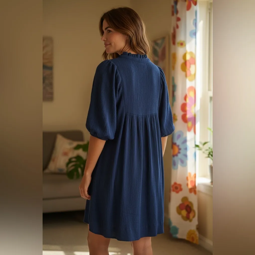 Umgee Navy Blue Boho Mini Dress Size L Lace Yoke V-Neck 3/4 Puff Sleeve, Lined - Image 2