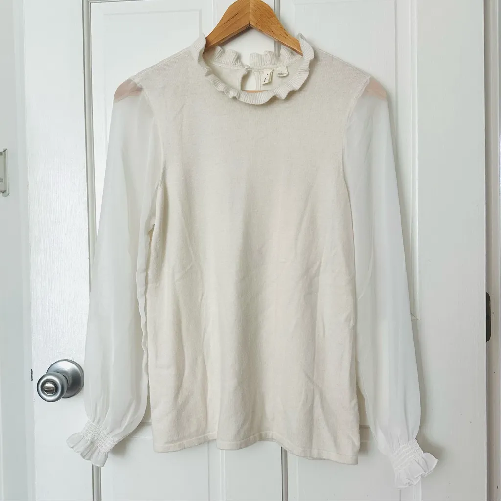 MOTH Anthropologie Ivory Cream Ruffle Sweater Blouse with Sheer Sleeves Size M - Image 2