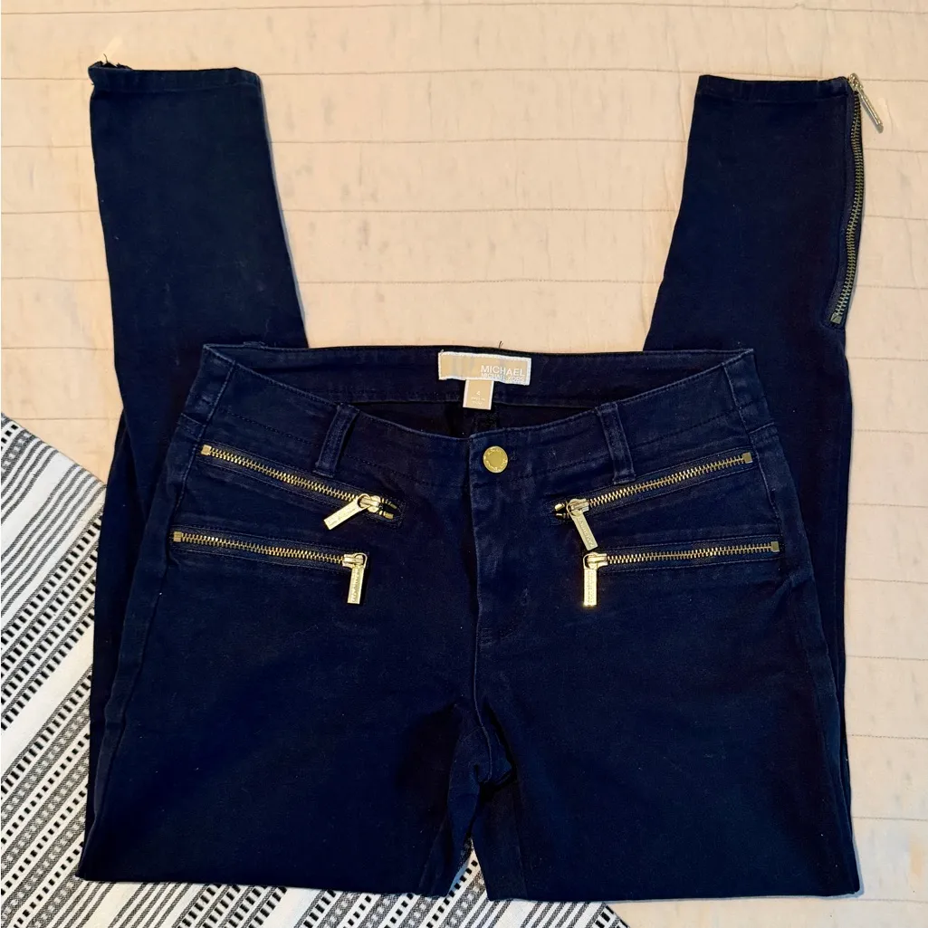 Dark Blue Skinny Pants with Gold Zippers - Image 8