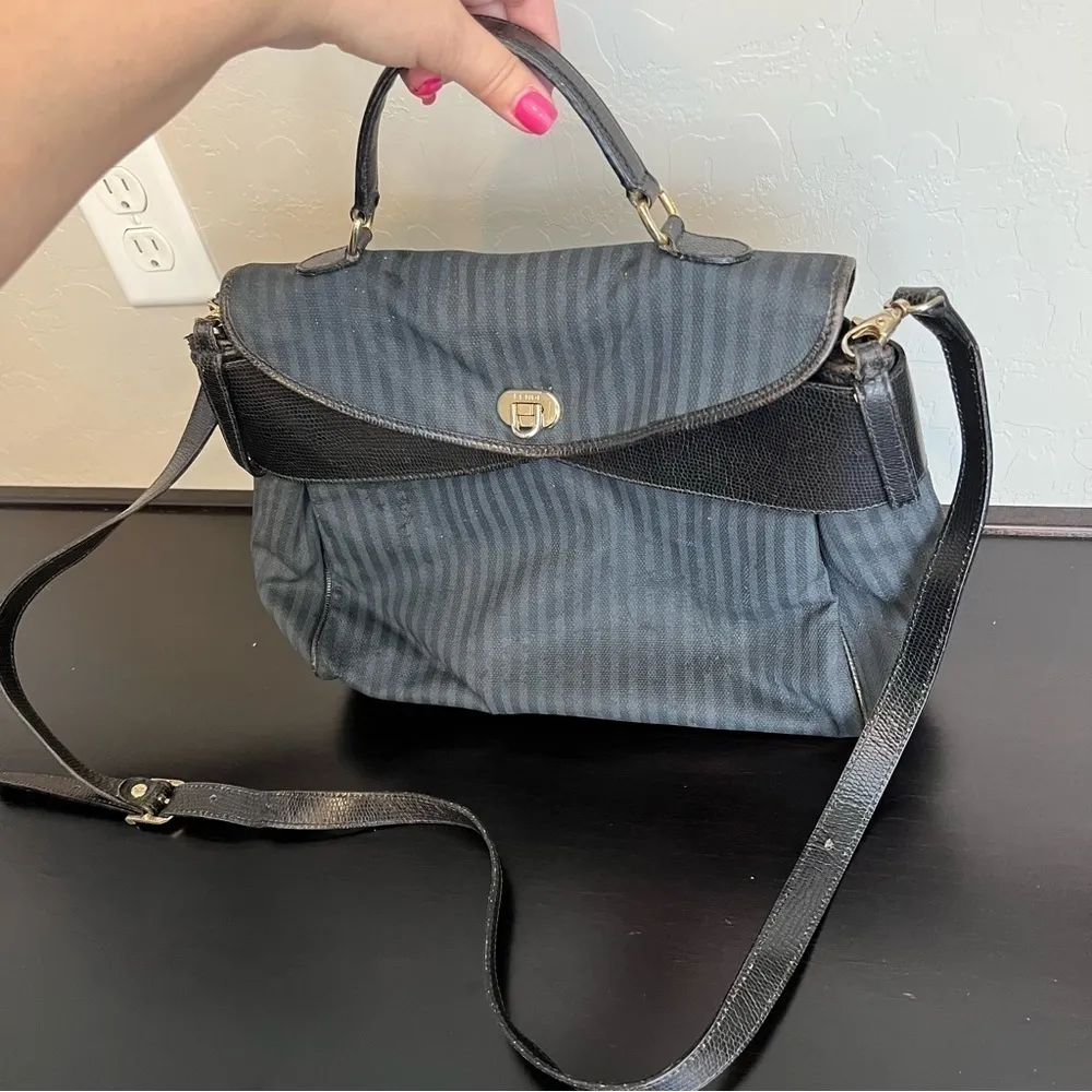 FENDI Vintage leather and coated canvas bag, striped, black 14”x10”, authentic - Image 3