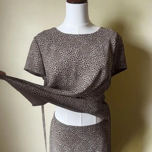 Vintage 90s Talbots 100% Silk Matching Set Animal Print Skirt &‎ Blouse Size 8P Brown Size M - Image 8