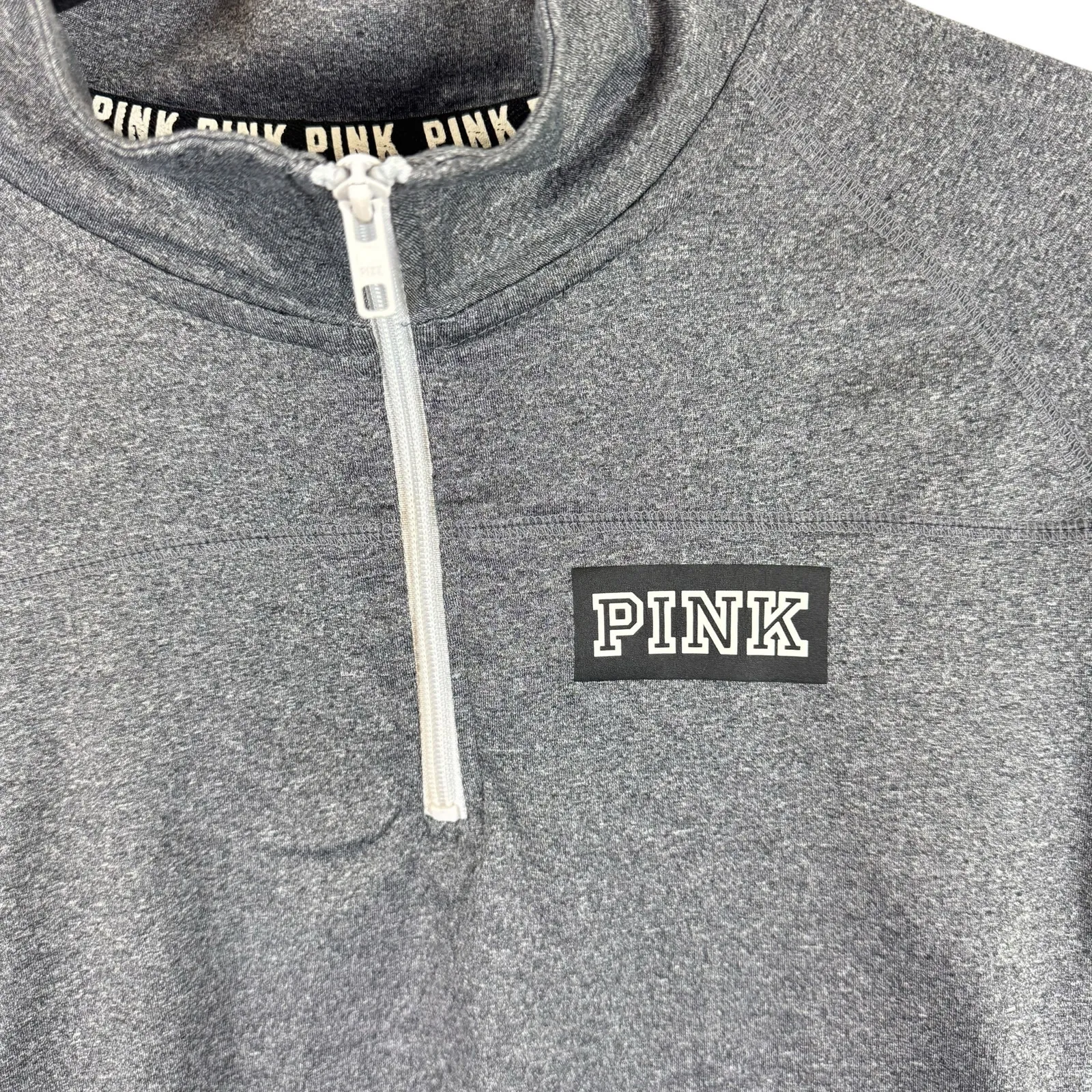PINK Victoria's Secret Gray White Mock‎ Neck 1/4 Zip Long Sleeve Pullover Size L - Image 3