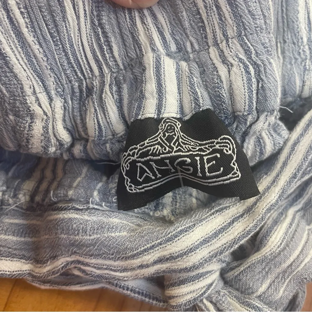 Angie Shorts Stripe Pull On Linen High Waist Paperbag Tie Fabric Belt size XS - Image 6