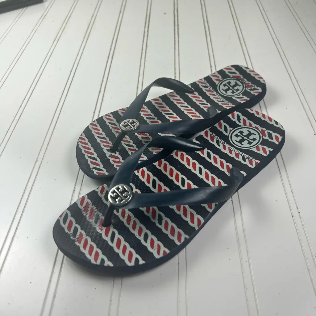 Tory Burch Rope Stripe Logo Flip Flops Navy Red White Size 7 - Image 3