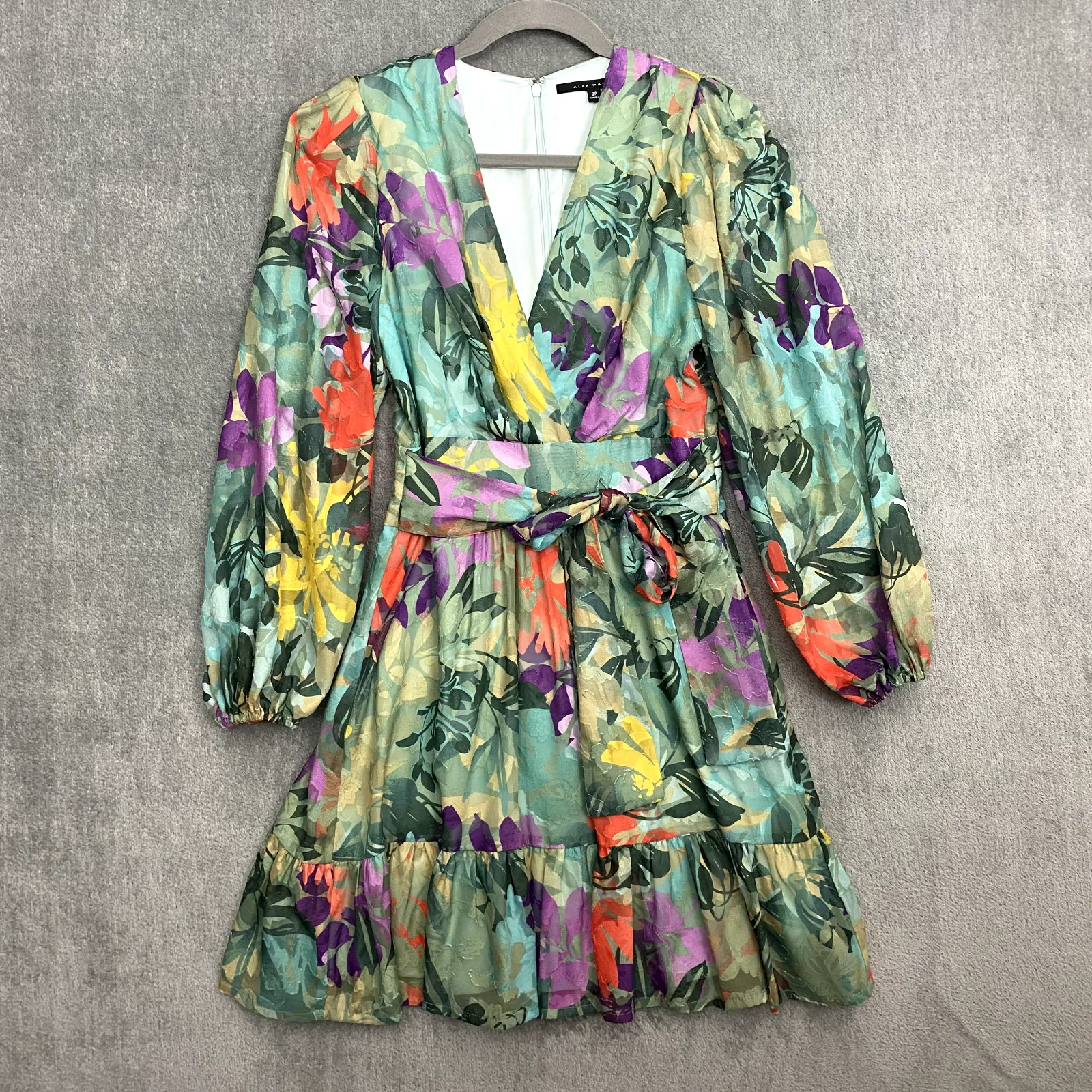 Alex Marie Women Dress 2P Simone Tropical Sage Floral Vibrant Sheer Puff Sleeves - Image 2