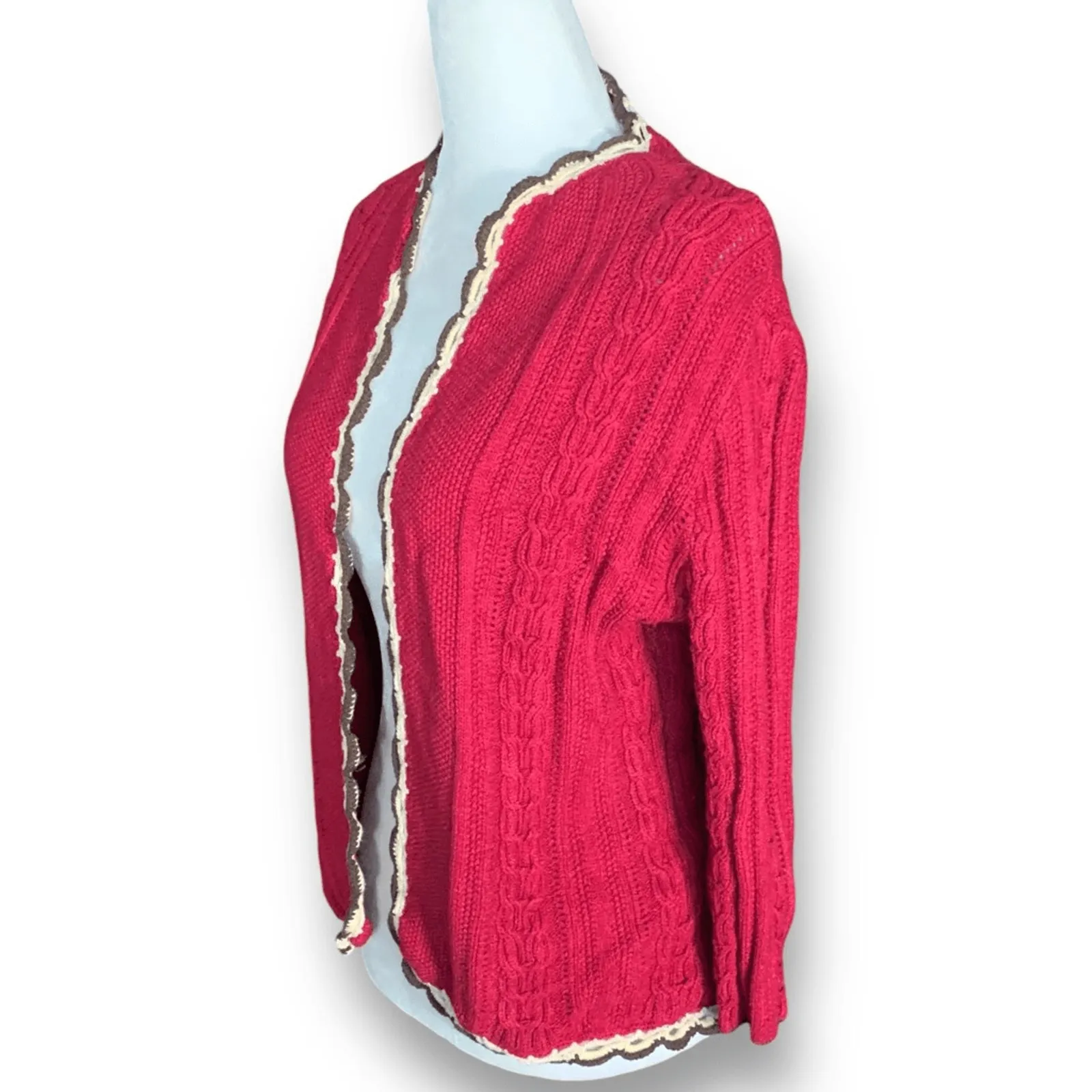 Vintage 90s Burgundy Cable Knit Cardigan Sweater Cream Ruffle Scalloped Trim Red - Image 3