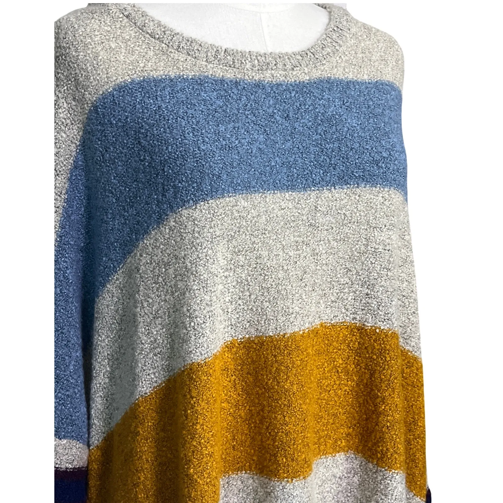 Favlux Striped Boucle Knit Sweater Gray Blue Mustard Large Cozy Soft Slouchy - Image 9
