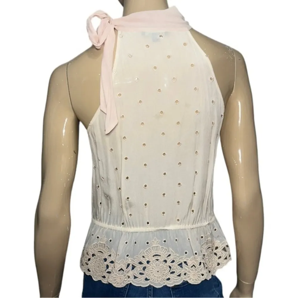 Anthropologie Love Sam S Pink Eyelet Ruffle Hem Halter Tie Neck Sleeveless Top - Image 4